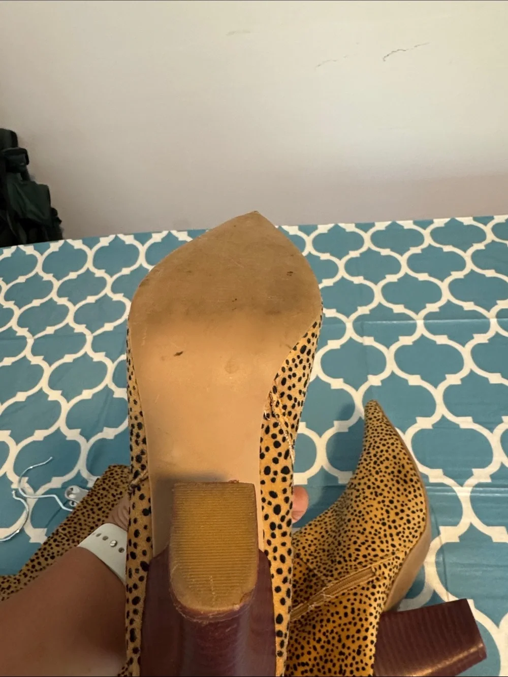 Leopard Print Knee-High Block Heel Boots - Yellow